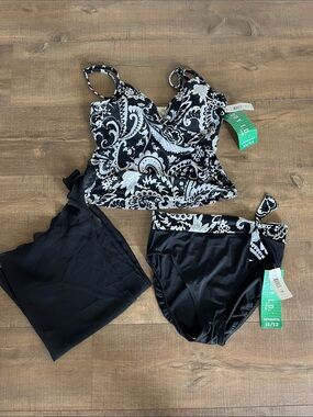 Body I.D. Black & White Paisley Tankini Set with Sarong NWT size 12 vintage
